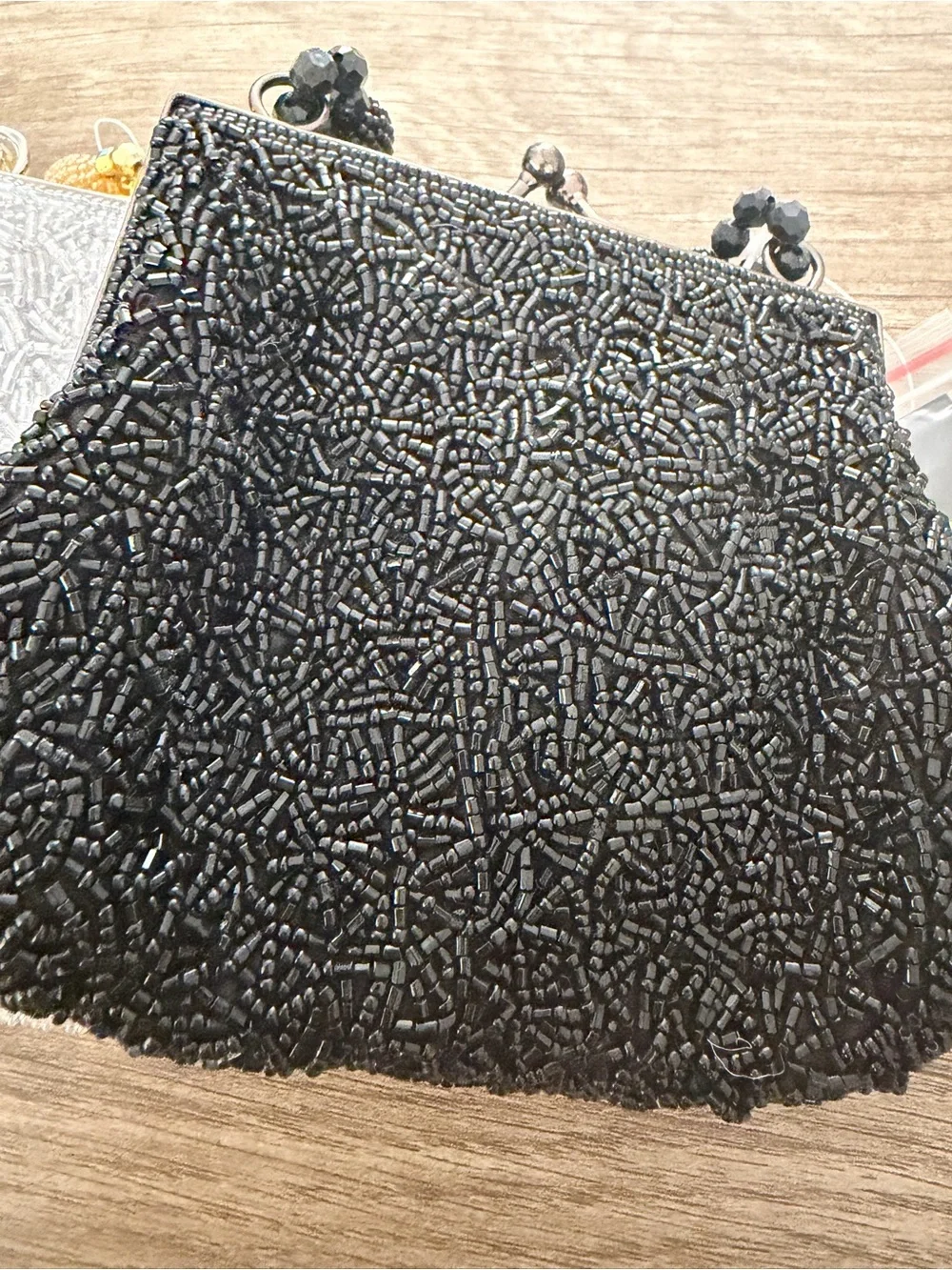 Beaded Heart Wristlet Clutch in Black, silver & Gold